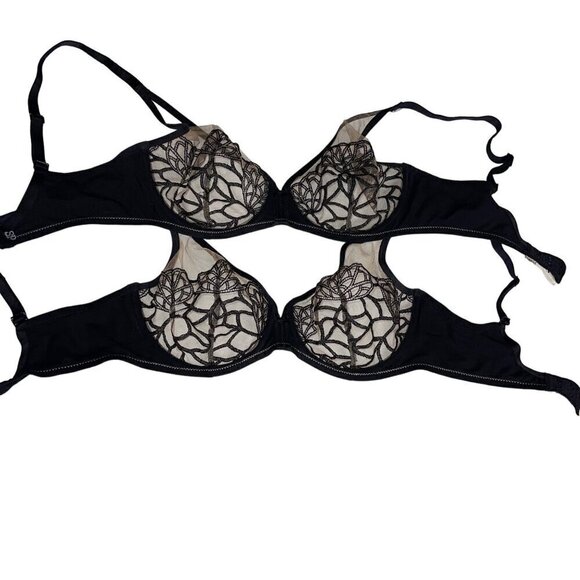 Simon Perele Womens Bra Size 32 D Black Java Sheer Plunge Lace Bundle of 2 - Picture 1 of 10